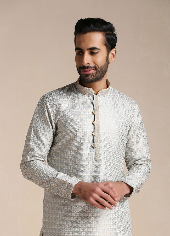 alt message - Manyavar Men Cloud Silver Grey Self-Patterned Kurta Set image number 0